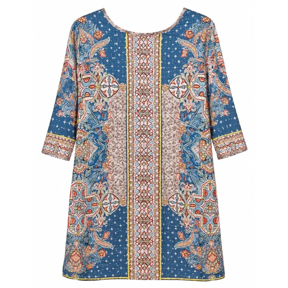 Boho Luxe Mixed Print Silk Tunic Dress Johnny Was Moa Kabela Size M